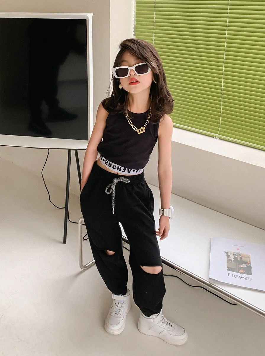 Girls Cropped Sleeveless Letter Print Tank Tops Ripped Pants Summer Suit