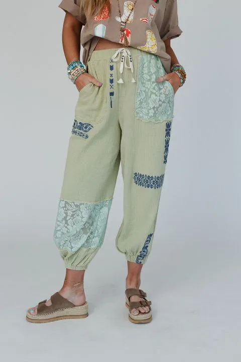 Globe Trotter Lace Embroidered Joggers - Sage