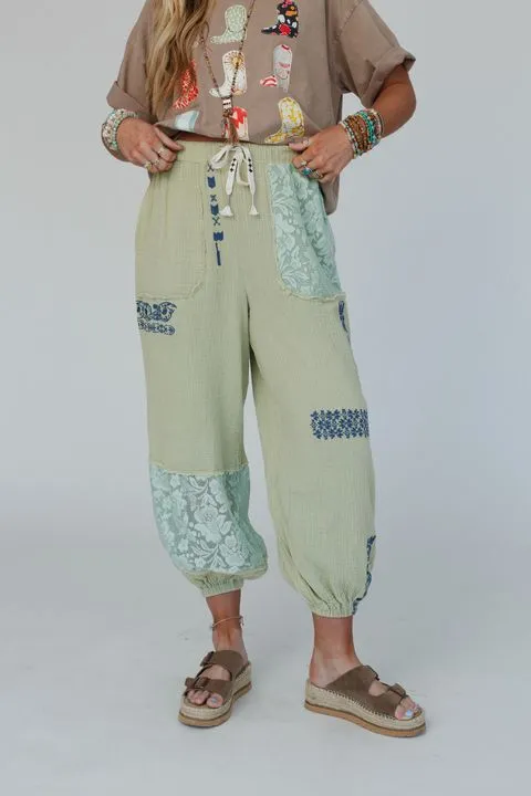 Globe Trotter Lace Embroidered Joggers - Sage