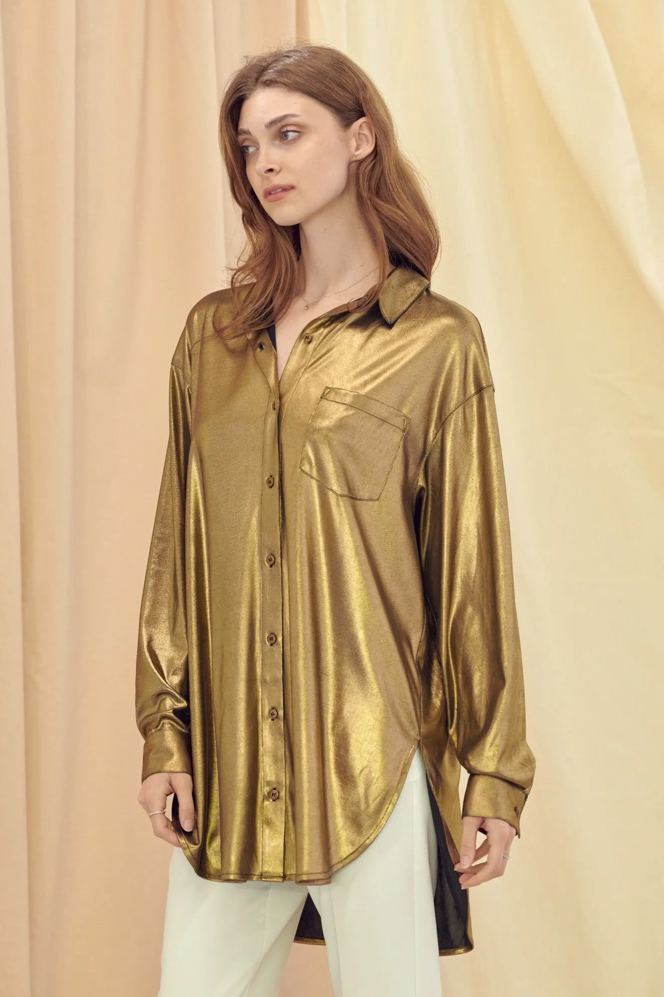 Gold Button Up Stretch Top