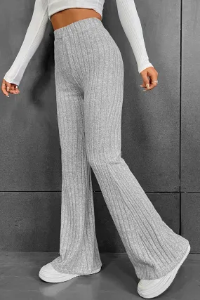 Gray Solid Color High Waist Ribbed Flare Pants