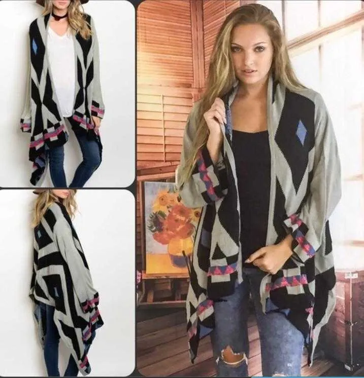 Grey & Black Cascading Aztec Sweater Cardigan