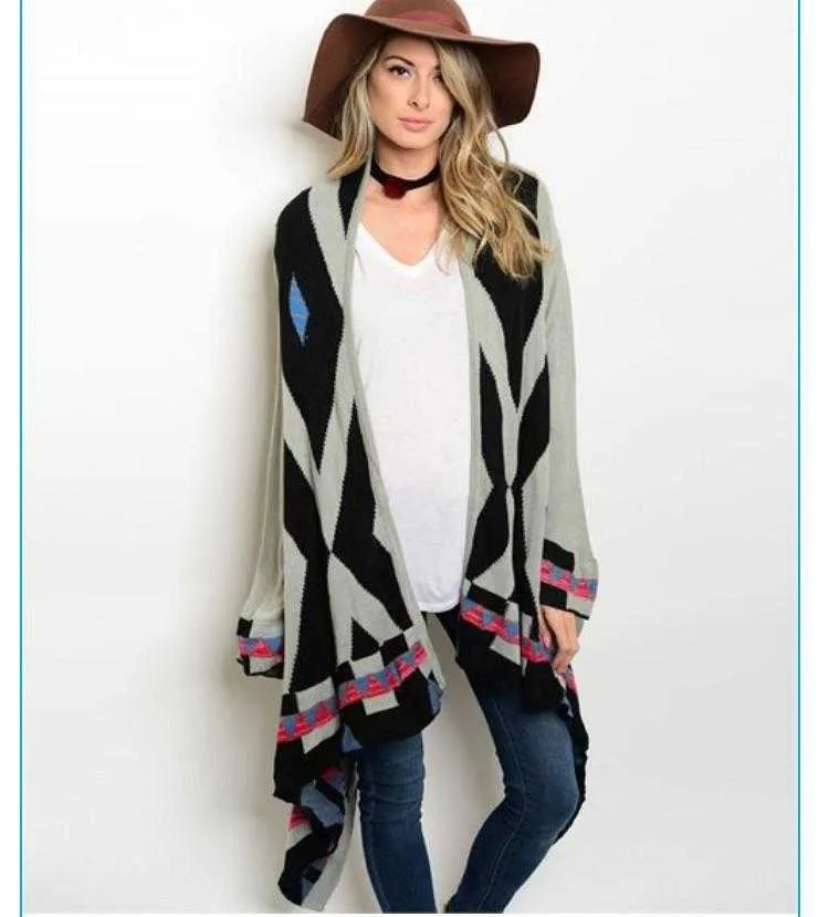 Grey & Black Cascading Aztec Sweater Cardigan