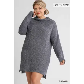 High Cowl Neck Bouclé Long Sleeve Sweater Dress