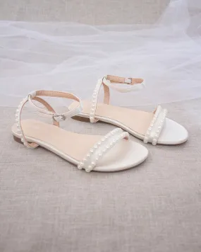 Ivory Satin Flat Sandal with Pearls and Ankle Strap