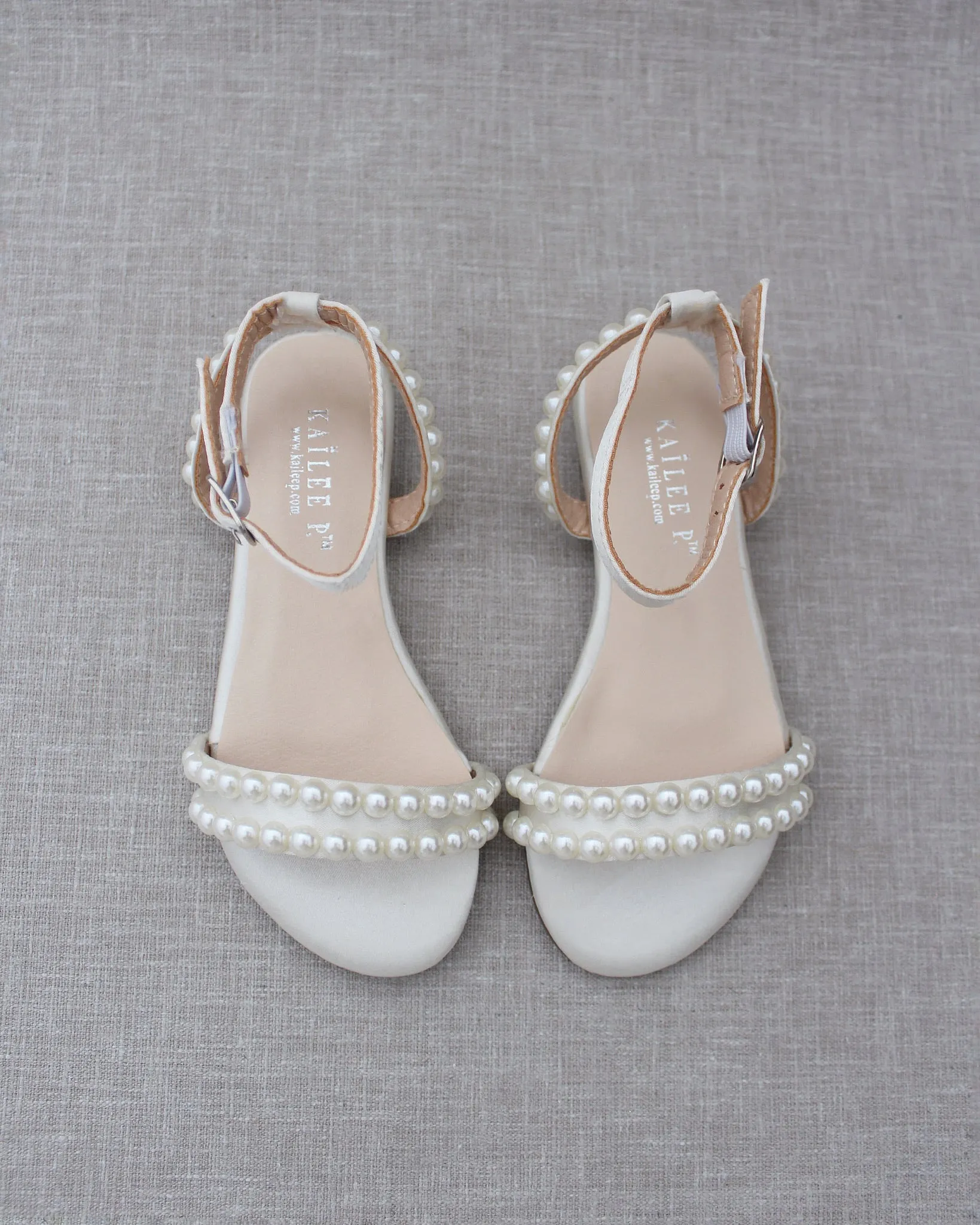 Ivory Satin Flat Sandal with Pearls and Ankle Strap