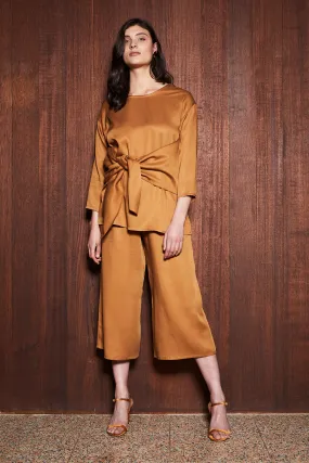 LEAF LITTER CULOTTES [ Mustard Orange Tencel Wide Leg Pants, Elastic Waist ]