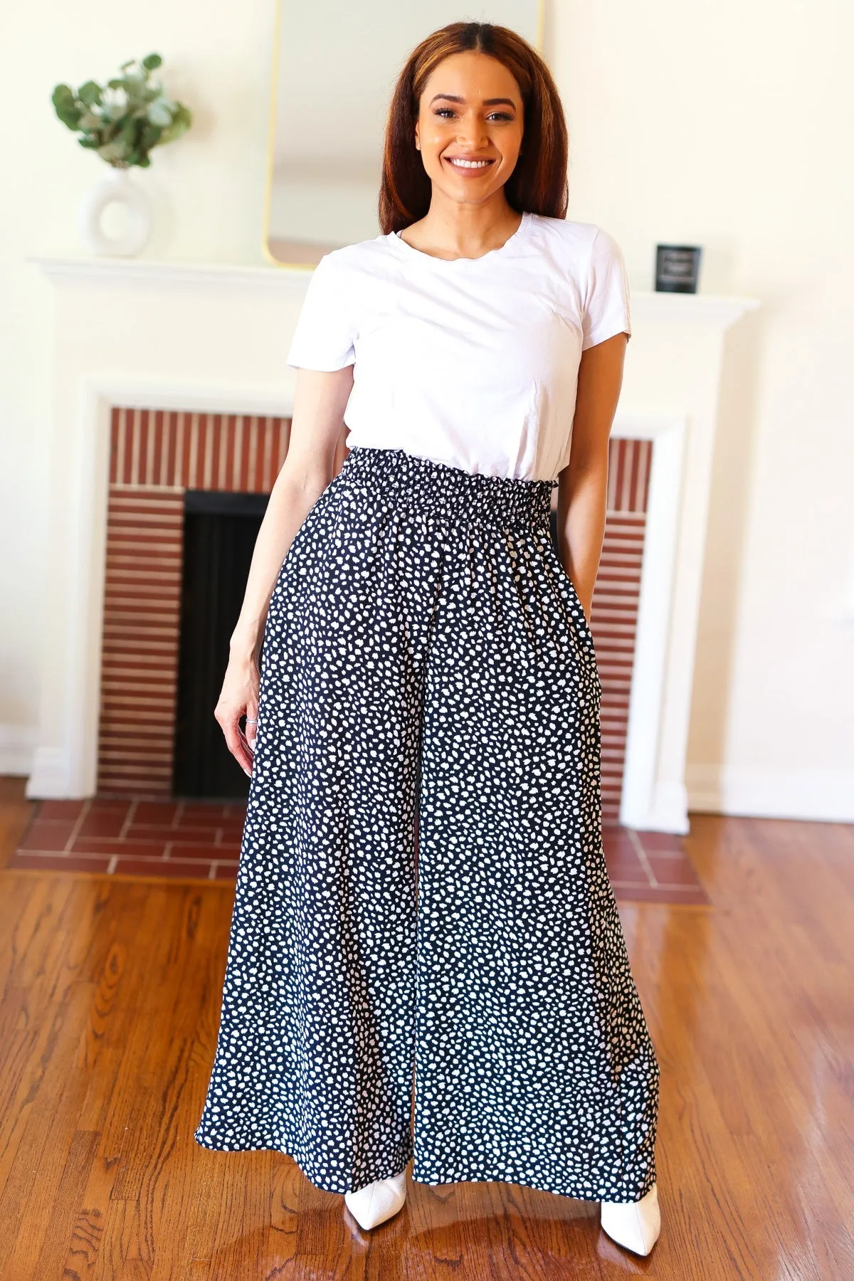 Let's Meet Up Black Animal Print Smocked Waist Palazzo Pants (Shipping in 1-2 Weeks)