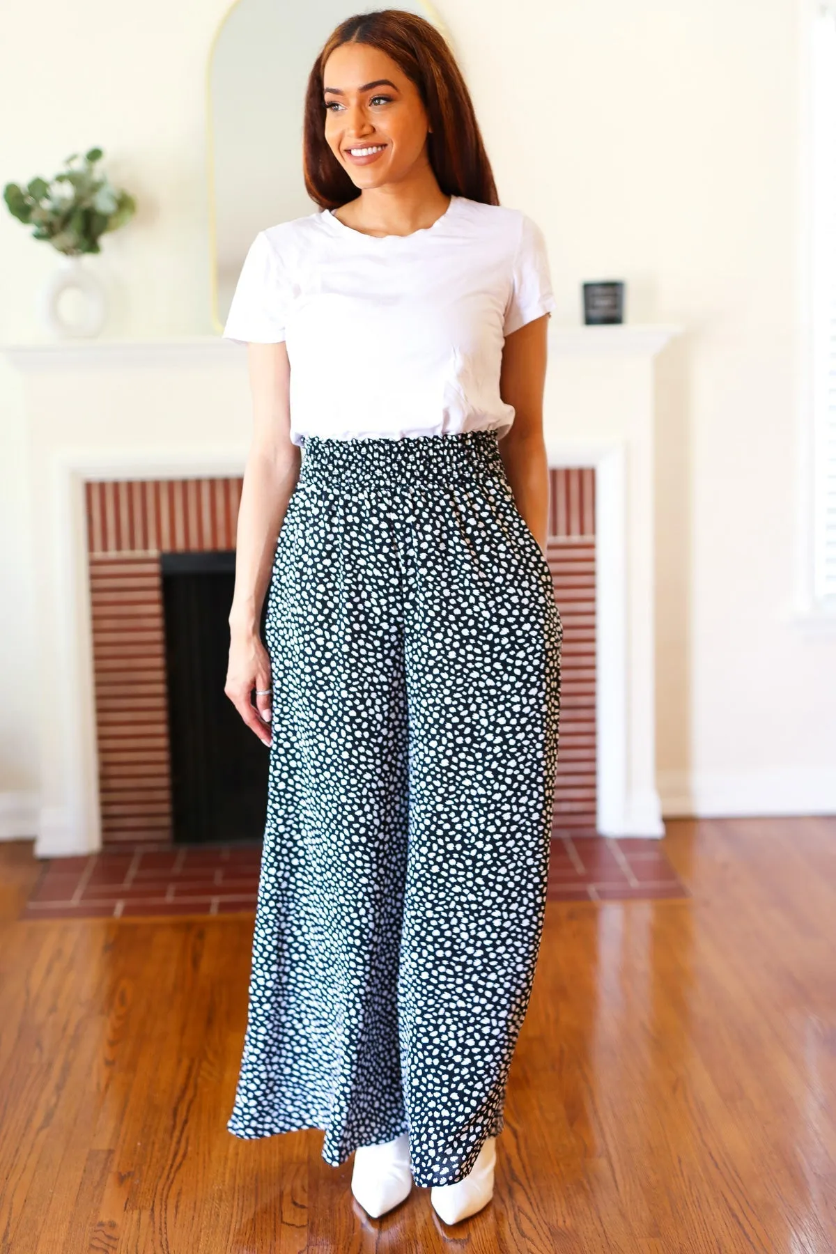 Let's Meet Up Black Animal Print Smocked Waist Palazzo Pants (Shipping in 1-2 Weeks)