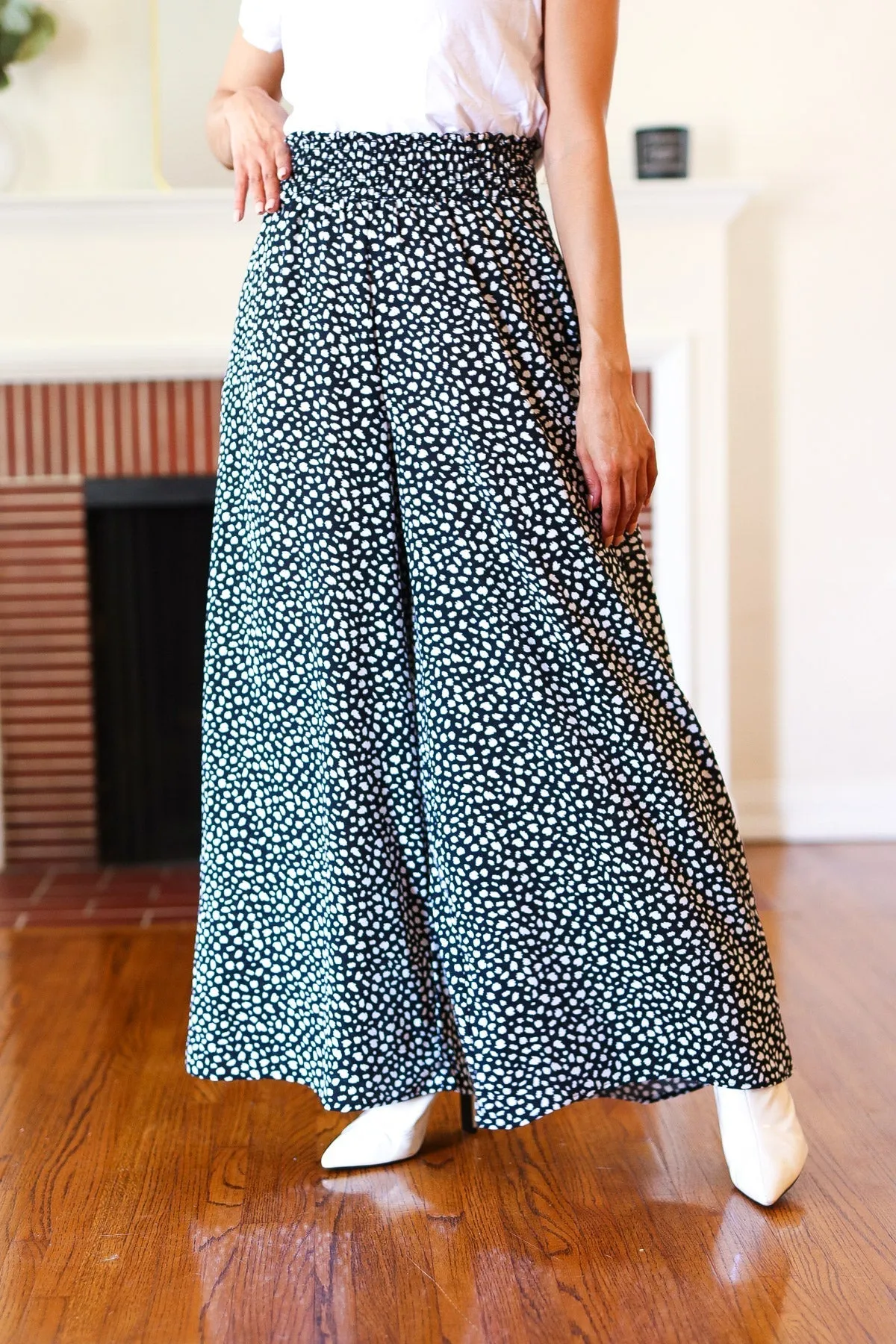 Let's Meet Up Black Animal Print Smocked Waist Palazzo Pants (Shipping in 1-2 Weeks)