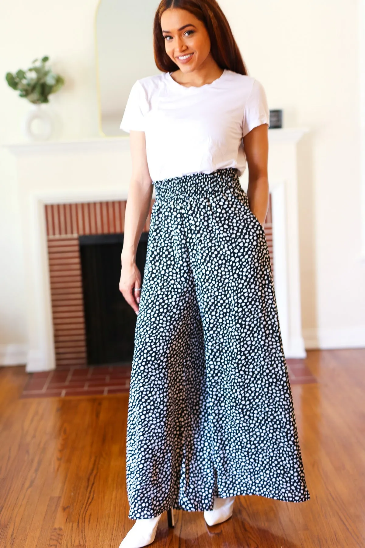 Let's Meet Up Black Animal Print Smocked Waist Palazzo Pants (Shipping in 1-2 Weeks)