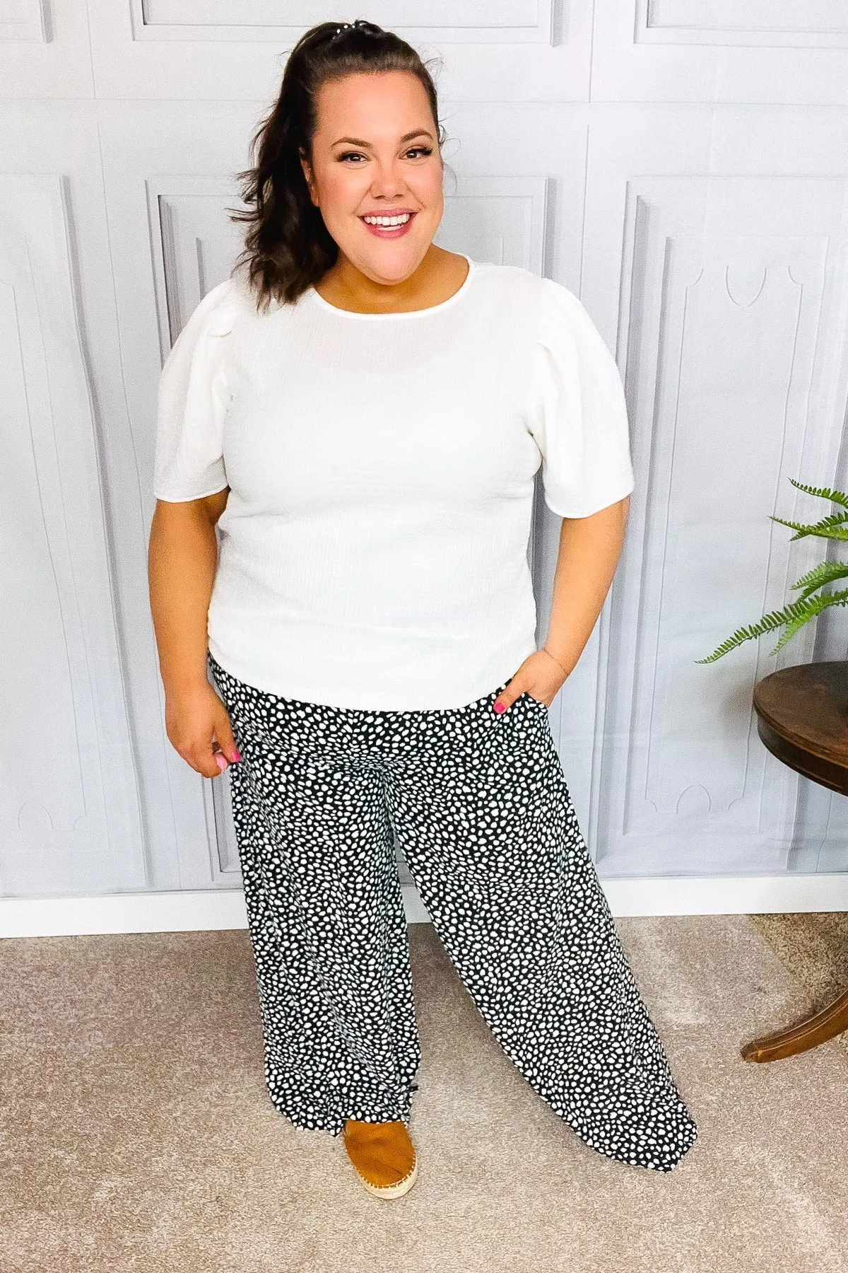 Let's Meet Up Black Animal Print Smocked Waist Palazzo Pants (Shipping in 1-2 Weeks)