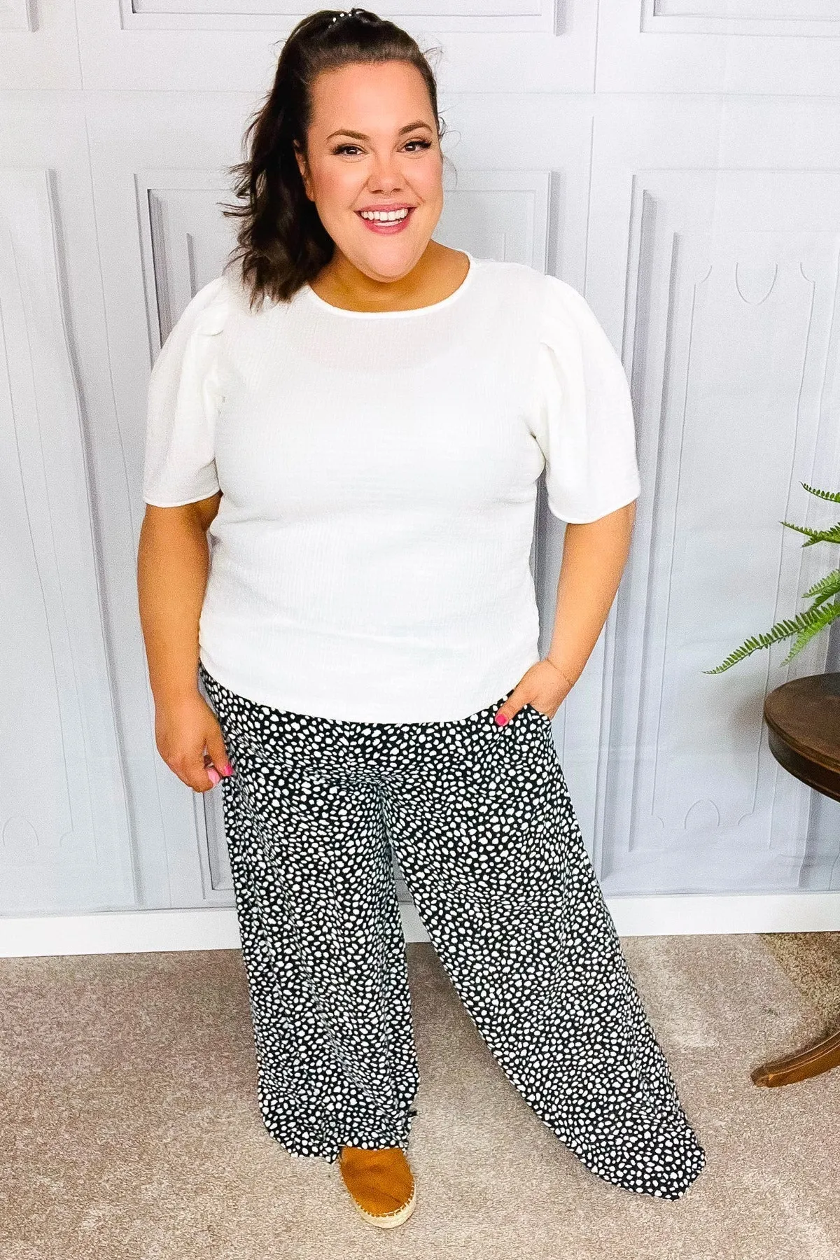 Let's Meet Up Black Animal Print Smocked Waist Palazzo Pants (Shipping in 1-2 Weeks)