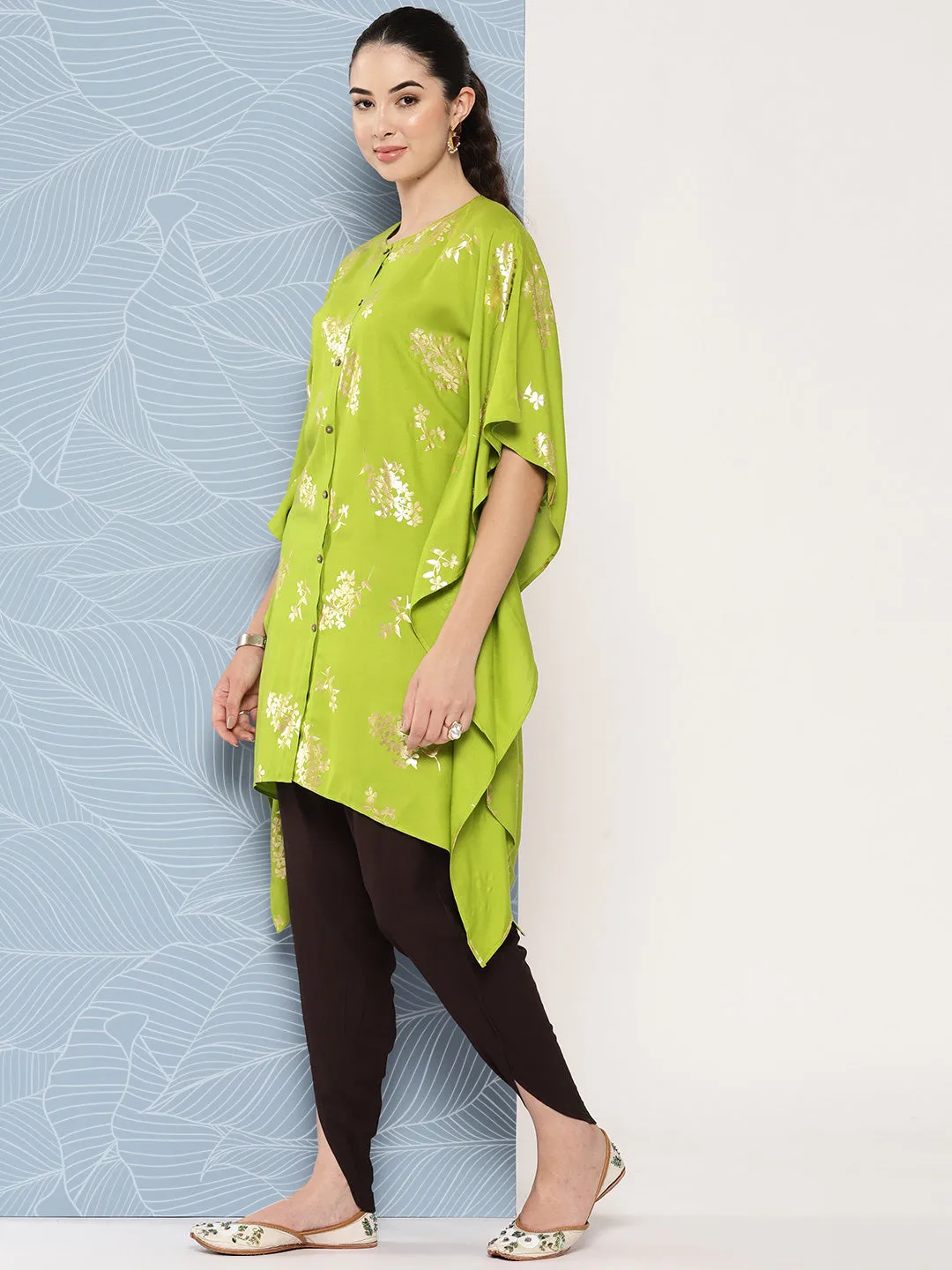 Lime Green Rayon Foil Printed Kurta with Tulip Pant