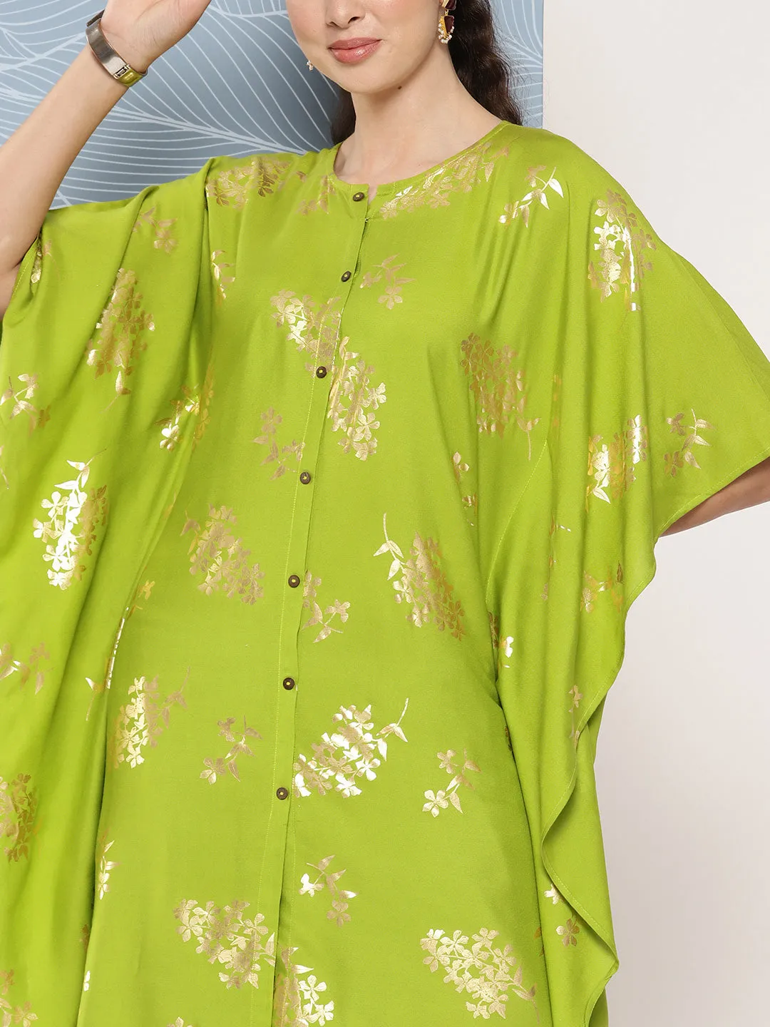 Lime Green Rayon Foil Printed Kurta with Tulip Pant