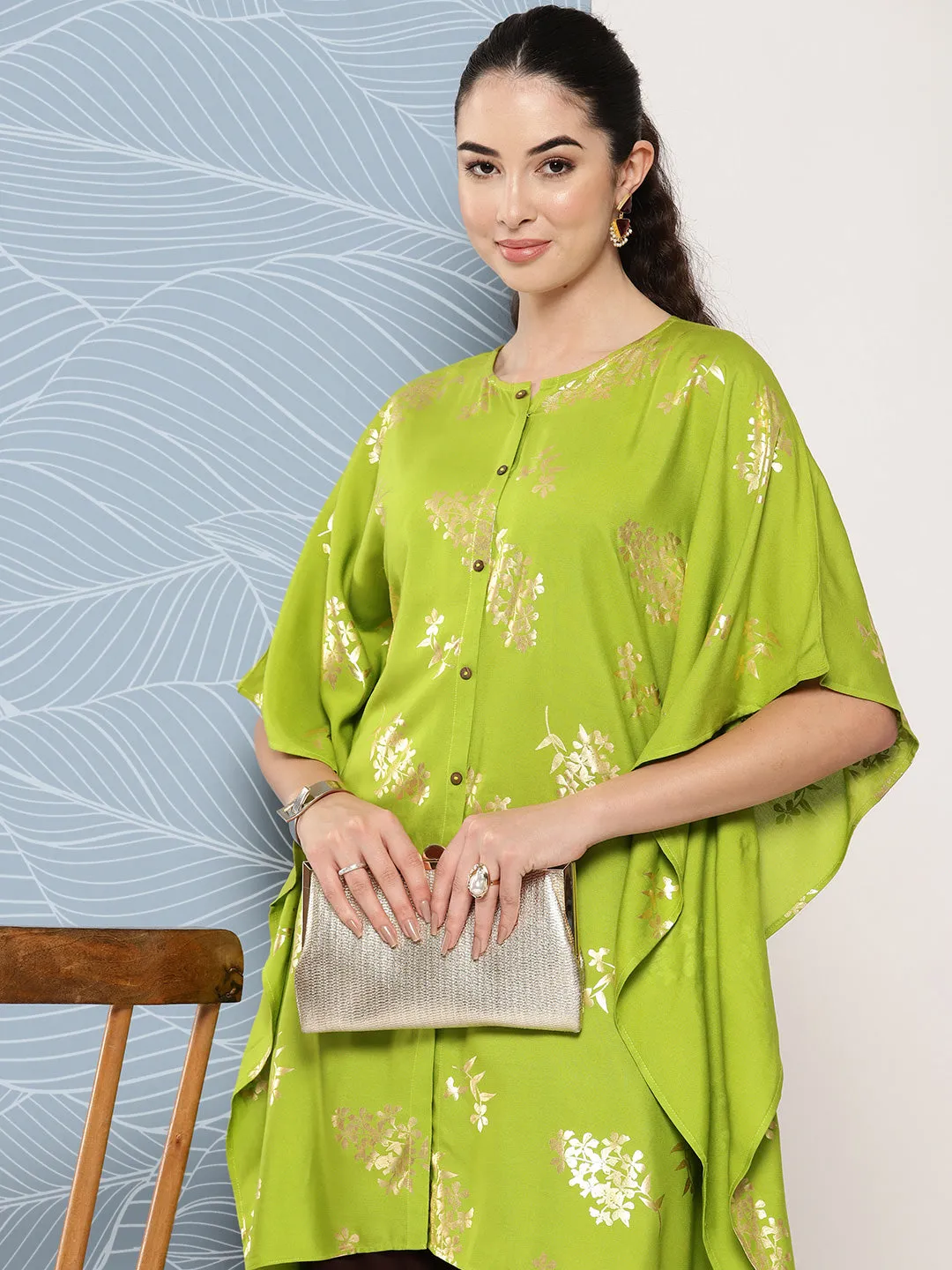 Lime Green Rayon Foil Printed Kurta with Tulip Pant