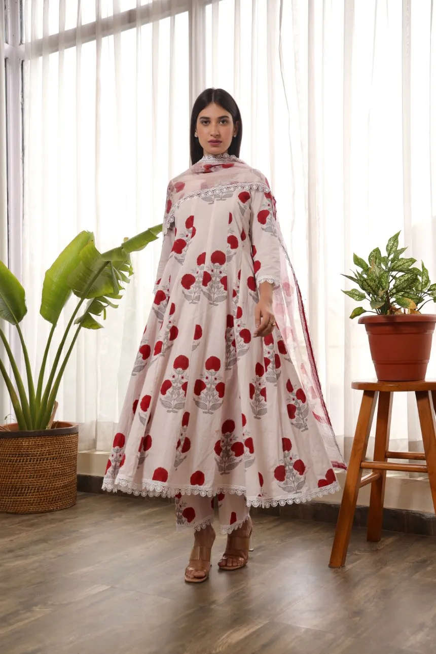 Mugal Print Light Pink Cotton Anarkali Set