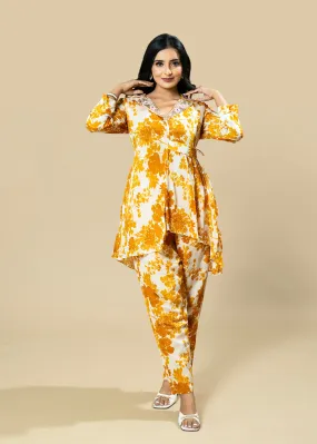 Mustard Cream Chinnon Printed and Hand-Embroidered Designer Coordinate Set