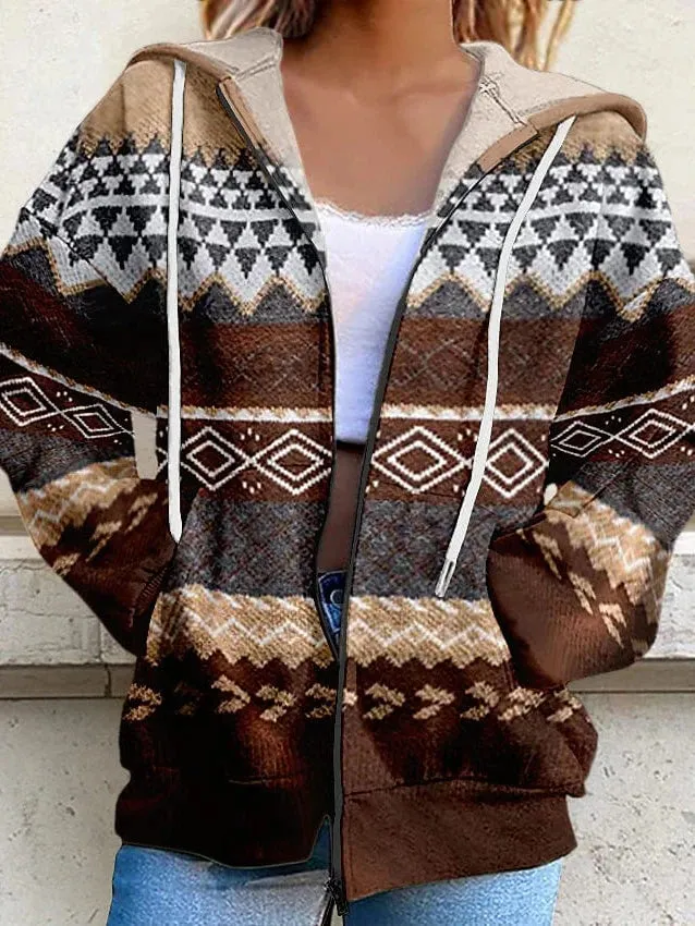 Oversized Tribal Print Women's Zip-Up Hoodie Sweatshirt with Front Pocket