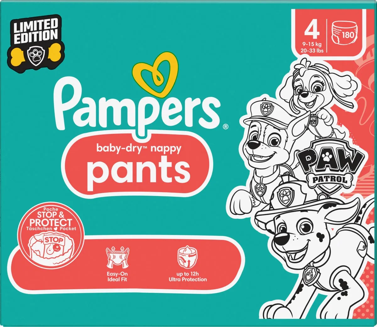 Pampers Paw Patrol Baby Dry Nappy Pants Size 4 180s