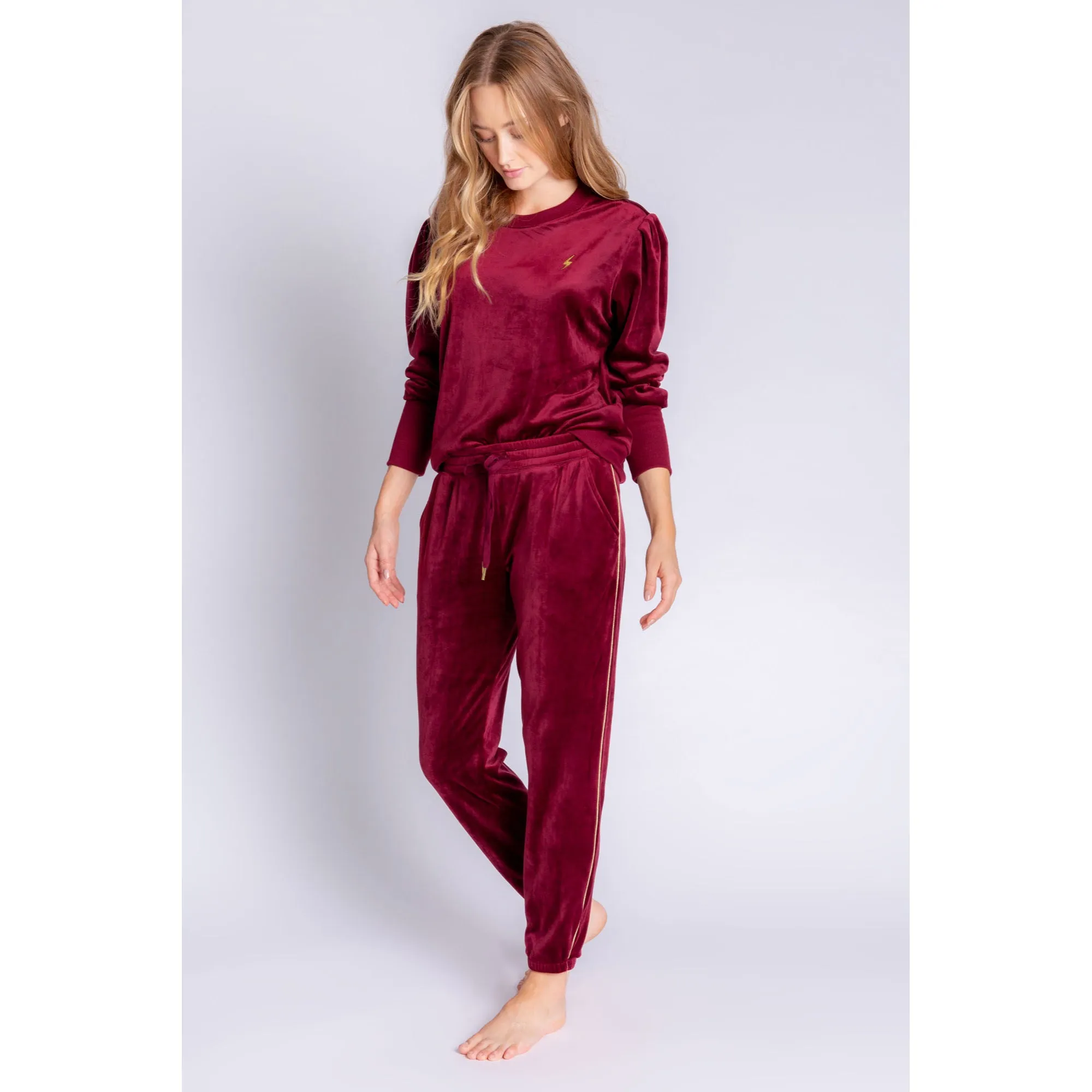 PJ Salvage Women's Velour Vanity Lightning Bolt Pants- PORT