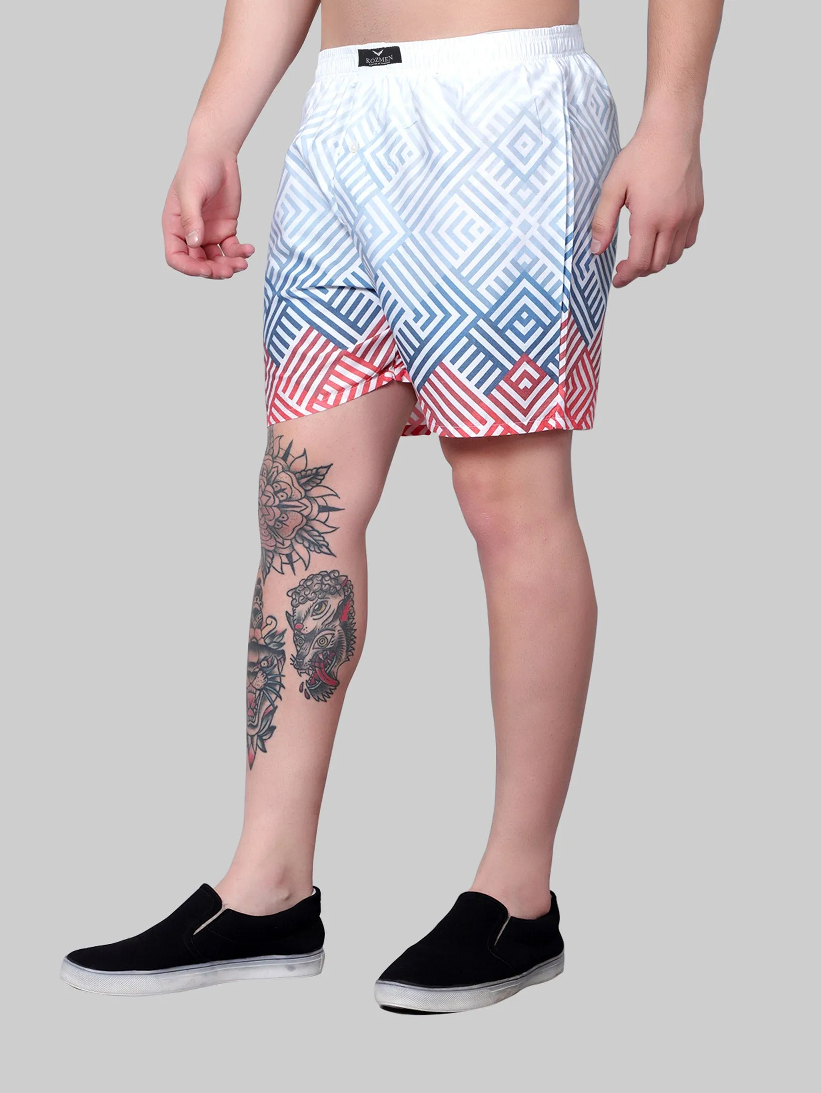 Red, Blue and White Geometric Cotton Boxer