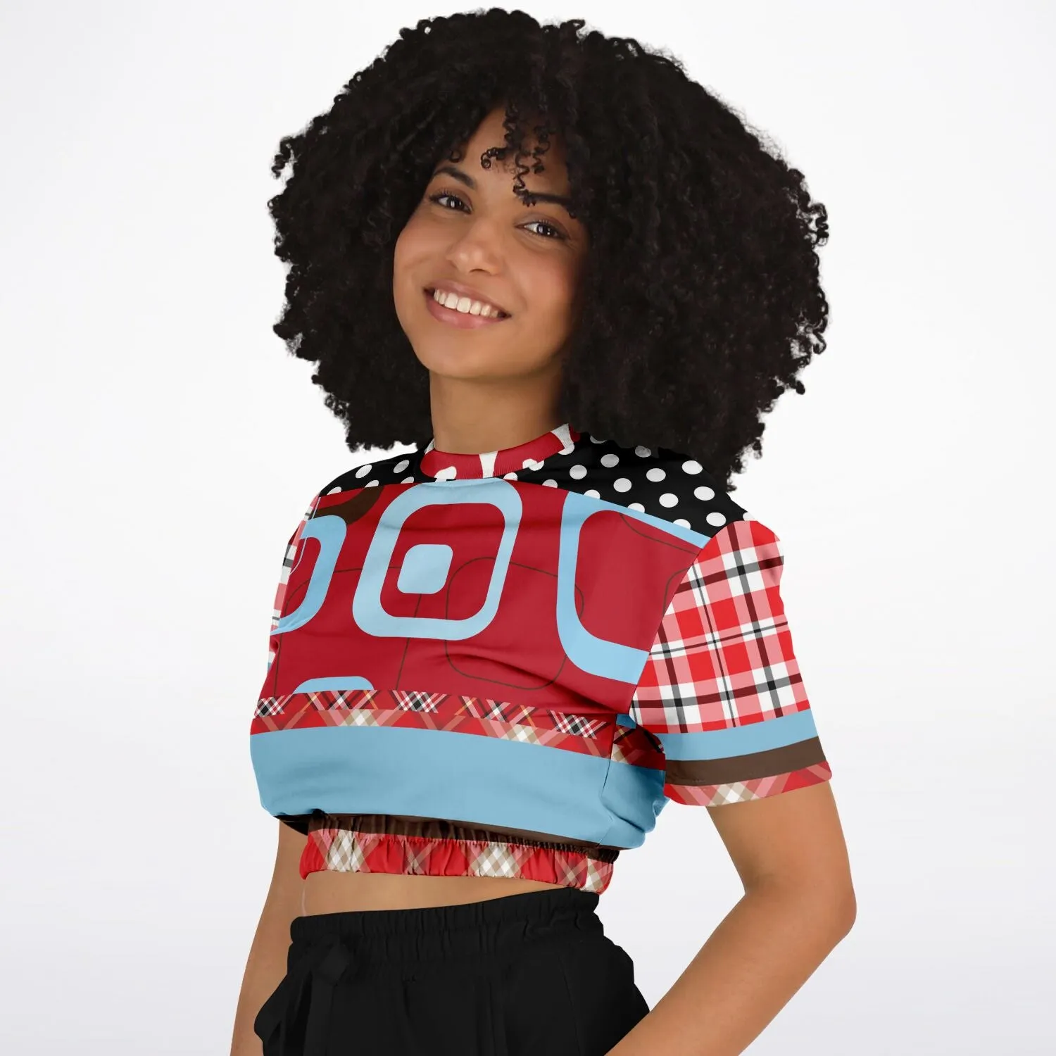 Red Pacific Palisades Plaid Short Sleeve Cropped Eco-Poly Sweater