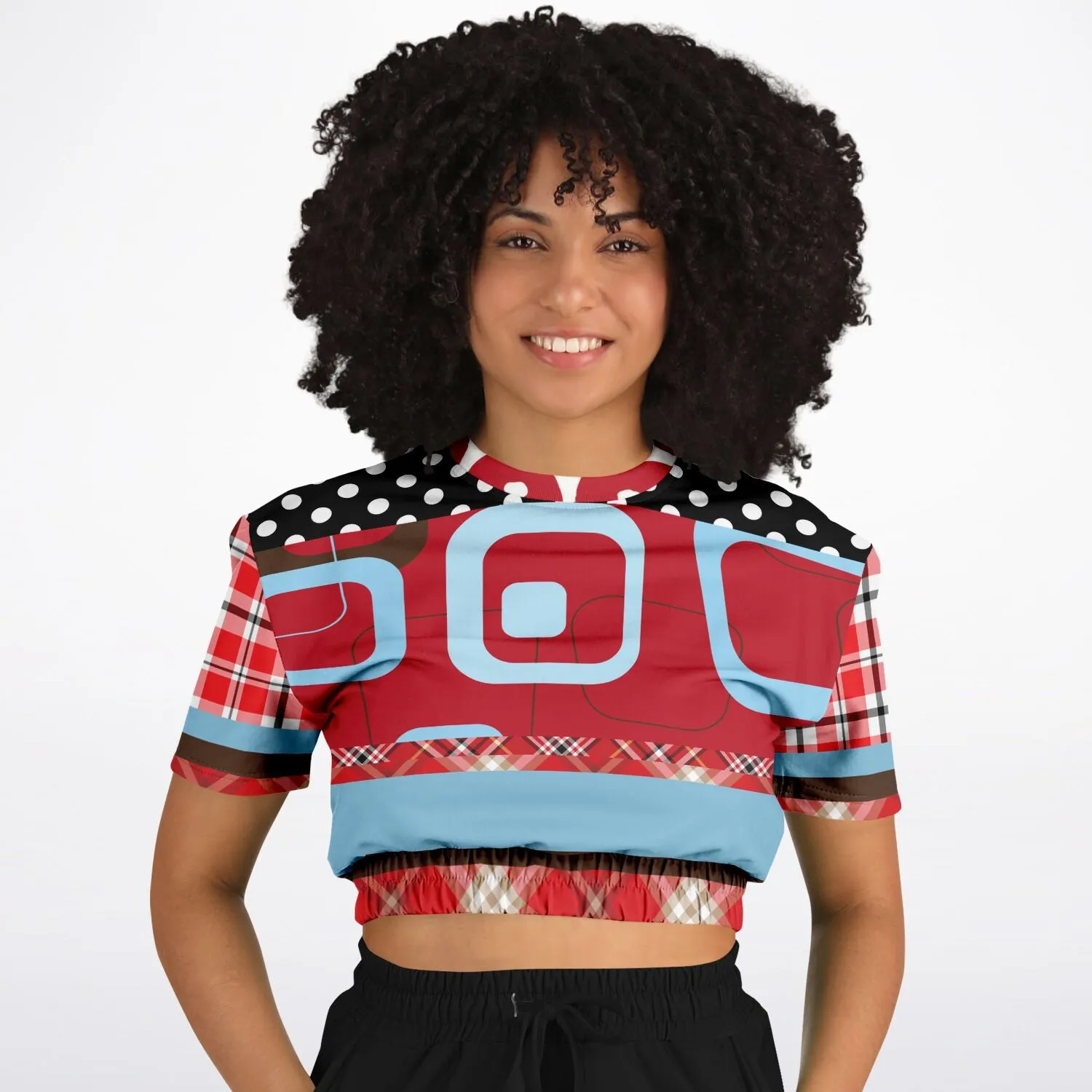 Red Pacific Palisades Plaid Short Sleeve Cropped Eco-Poly Sweater