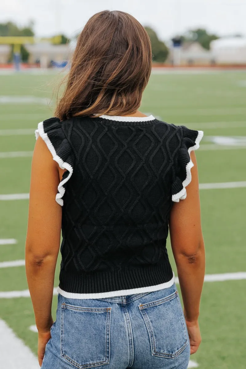 Ruffled Cable Knit Sweater - Black