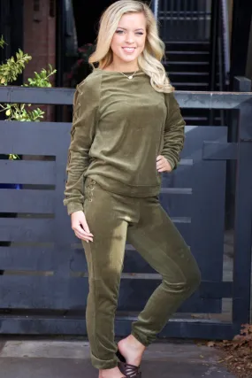 Run To You Olive Velour Lace Up Jogger Pants