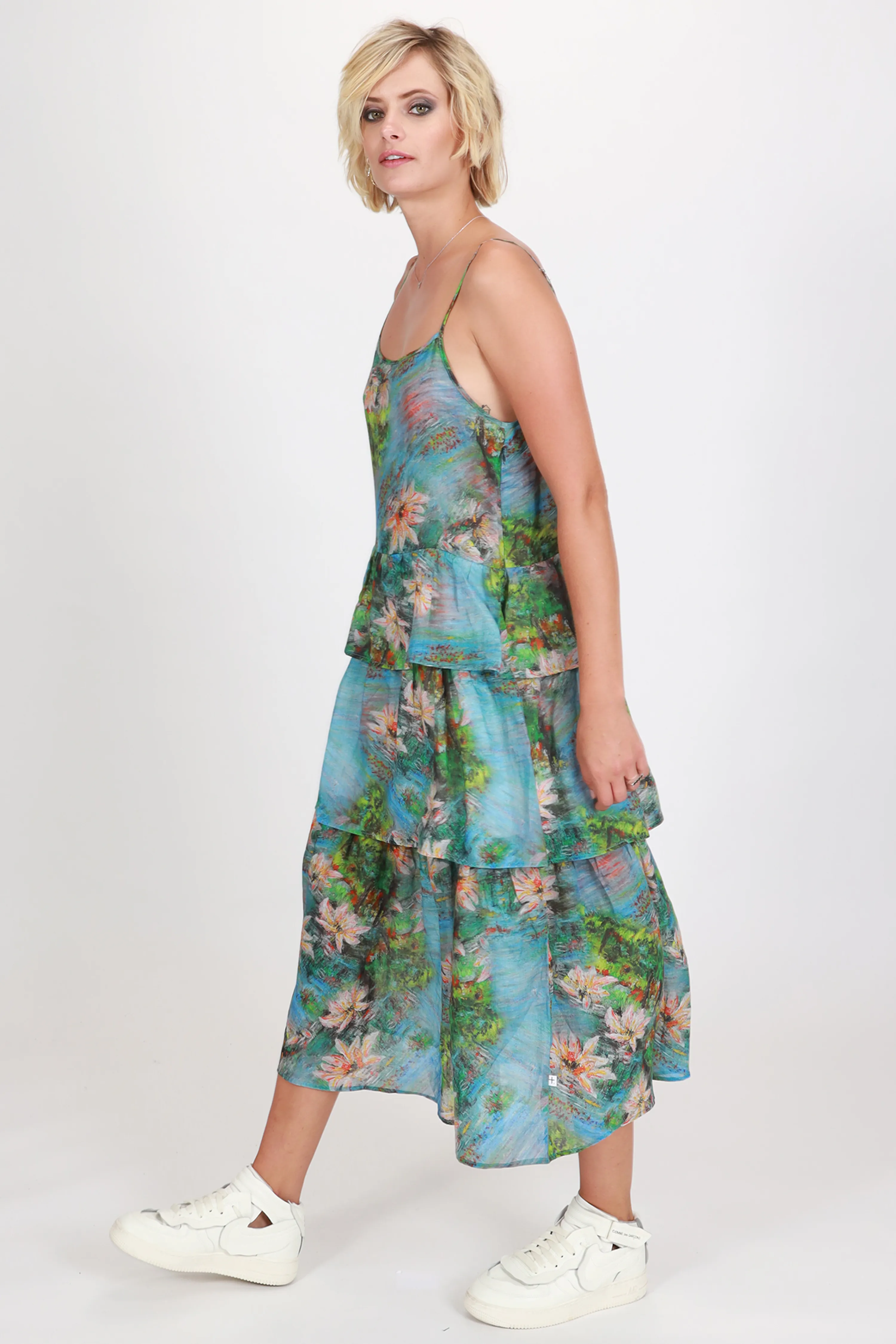 Willow Painted Blue Floral Strappy Tiered Frill Midi Dress