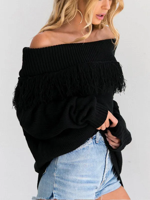 Women Off Shoulder Long Sleeve Tassel Sweater