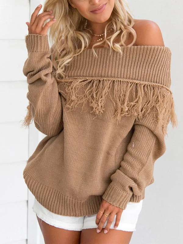 Women Off Shoulder Long Sleeve Tassel Sweater