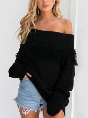 Women Off Shoulder Long Sleeve Tassel Sweater