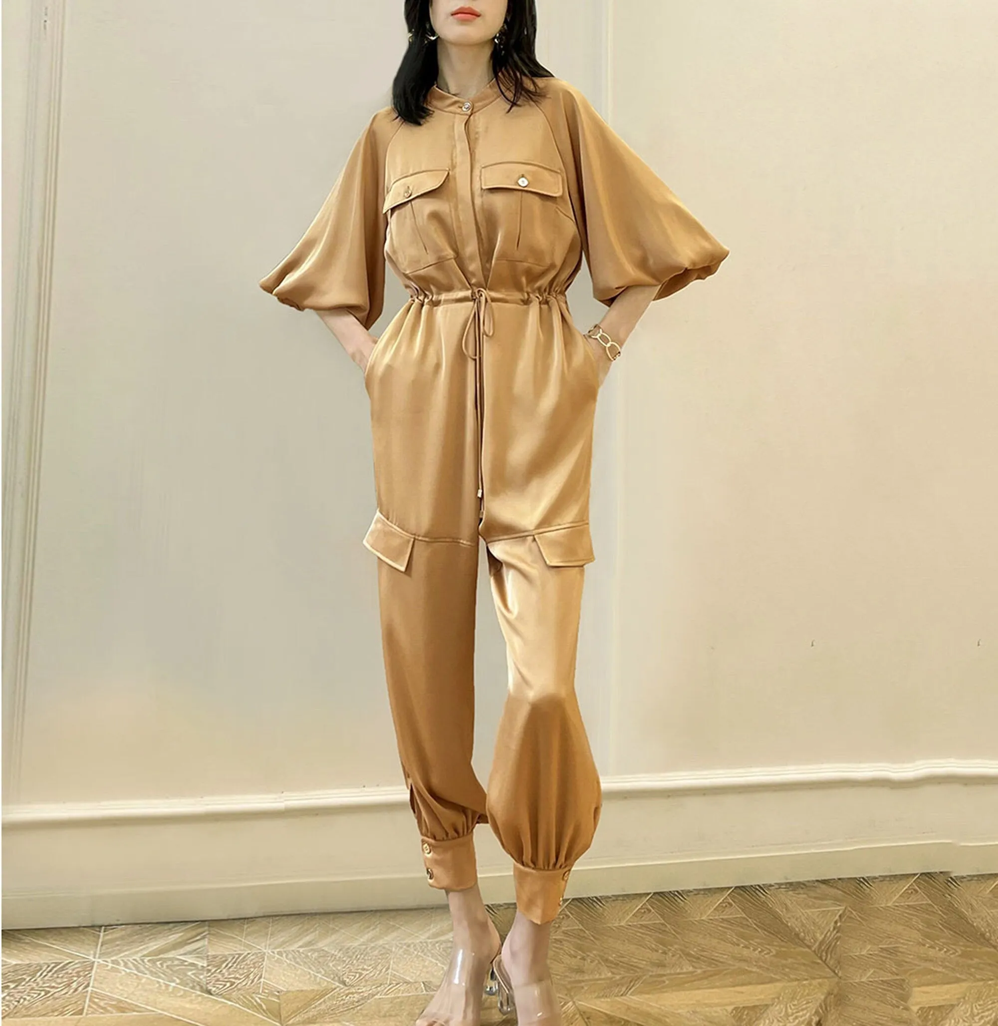 Women's Satin Jumpsuit,Green Overall,High-waist jumpsuit,loose lantern-sleeved Rompers,Green Jumpsuit,Gold Jumpsuit,Causal Loose jumpsuit